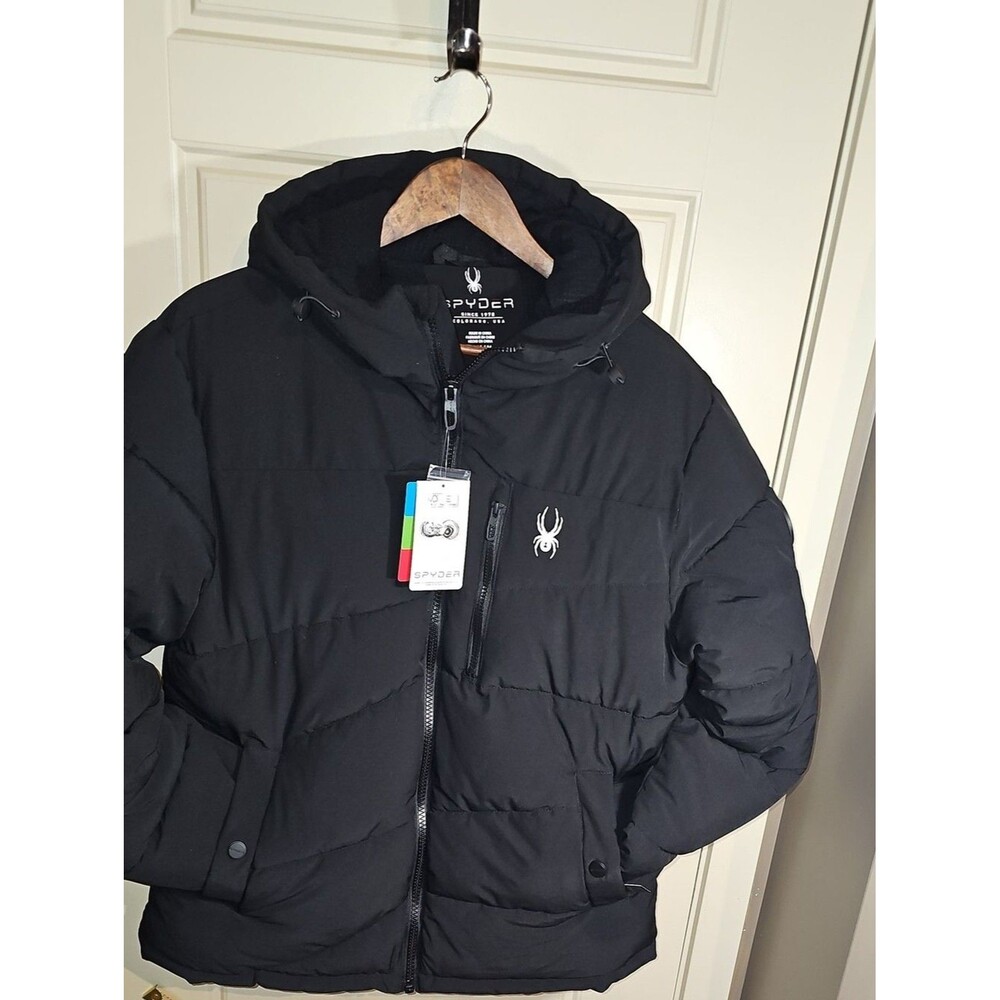 Spyder Men’s Black Hooded Puffer Jacket with Chest Zip Size Medium